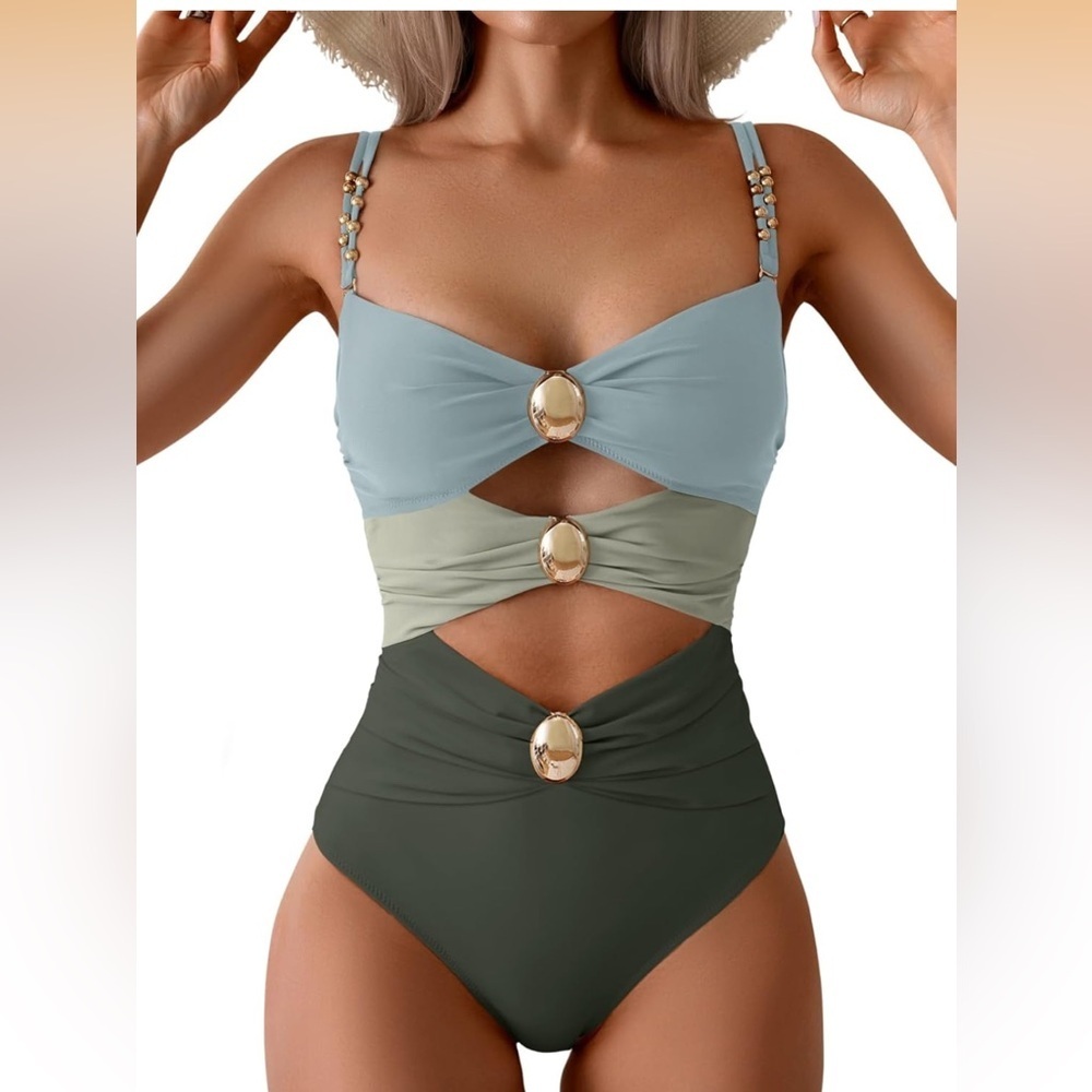 Colorblock Cutout One-Piece Swimsuit with Gold Accents